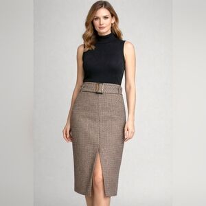 Classic Houndstooth Plaid Midi Belted Pencil Skirt Front Slit, Pockets